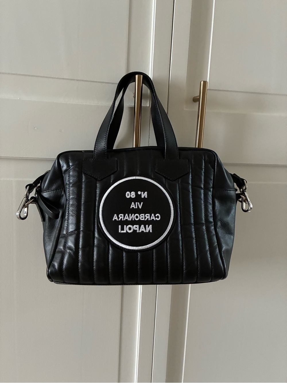 Black Quilted Top-Handle Bag with Contrast Patch real Italian leather